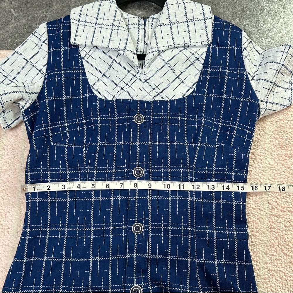Vintage 1960s Navy and Off White Plaid Midi Dress Drop Waist Tie Belt Size 8 - Picture 7 of 12